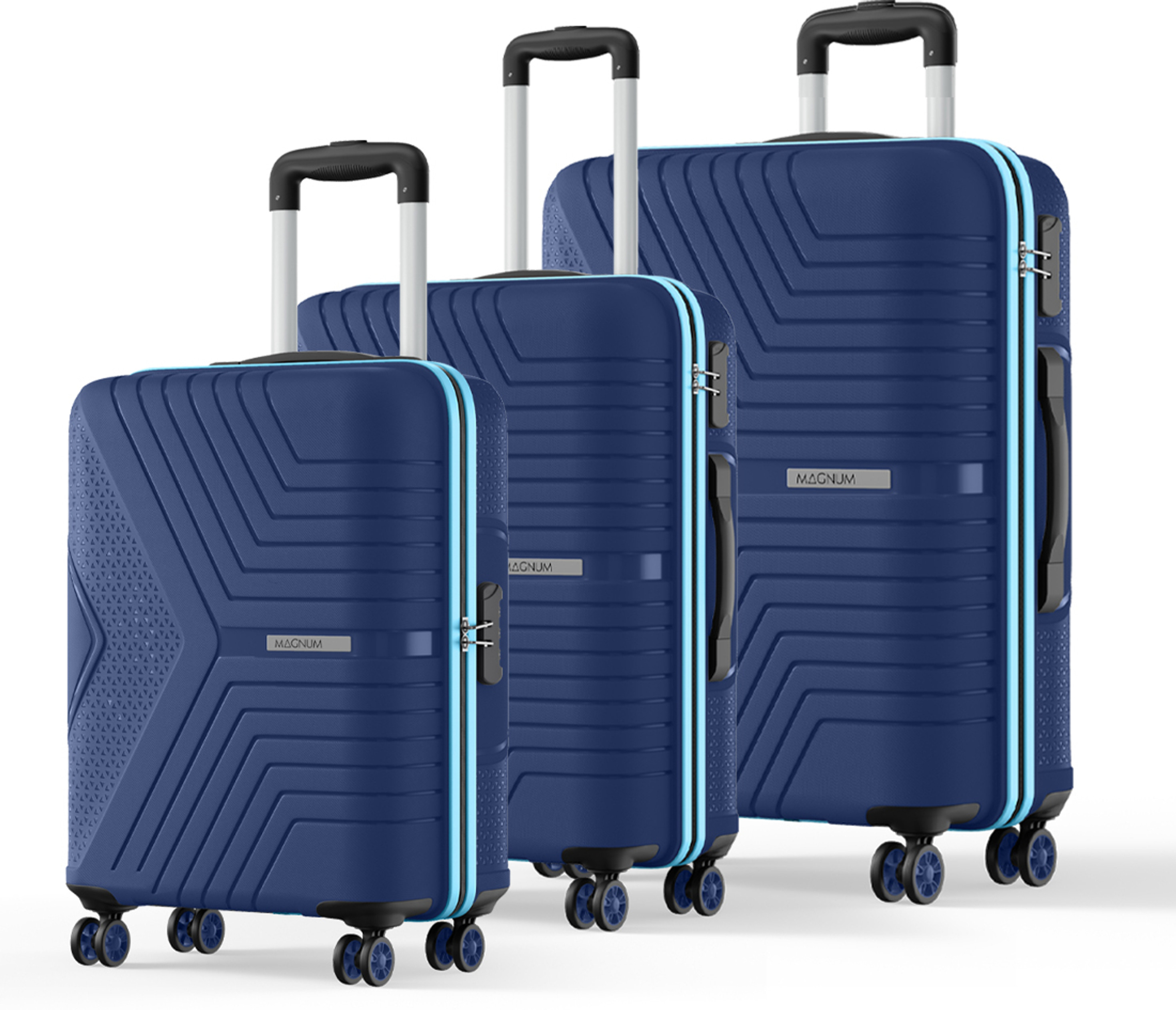 Magnum by Safari Hard Body Set of 3 Luggage 4 Wheels - Magnum Zeno (Small 55cm | Medium 66cm | Large 75cm) 4W - Blue